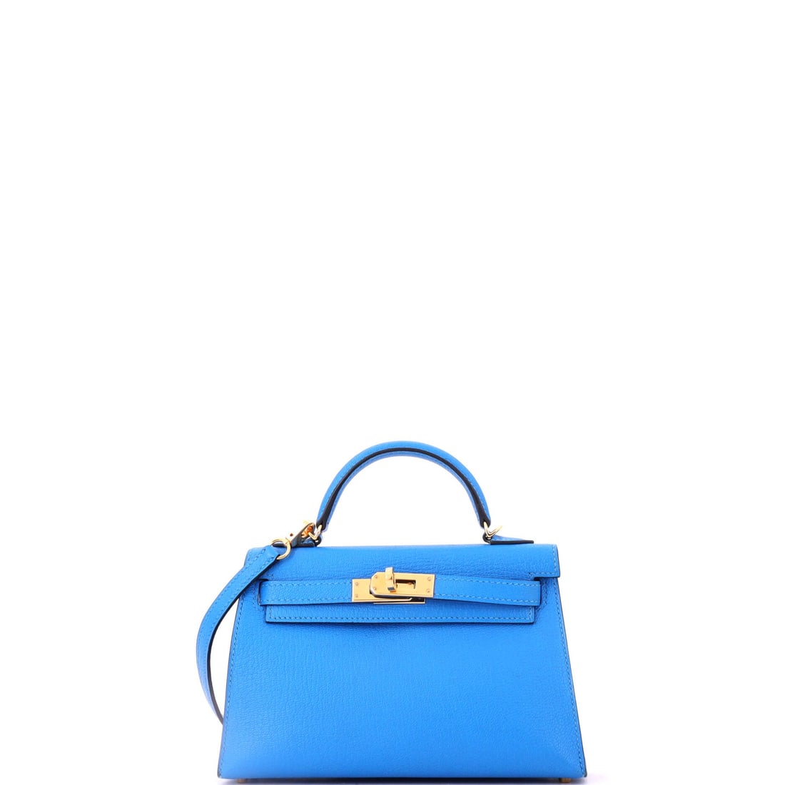 Hermes Kelly Mini II Bag Blue Chevre Mysore with Gold Hardware: Chevre Mysore is the goatskin Hermes uses for its lightness and fine parallel grain, and on a blue Kelly Mini II it produces a color depth that photographs unusually well. Gold hardware warms the