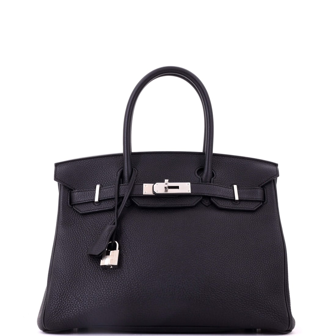 Hermes Birkin Handbag Black Togo with Palladium Hardware: Black Togo with palladium hardware is the most utilitarian Birkin configuration Hermes makes, and the least fussy to wear. At 11.5 in wide, 9 in high and 6 in deep this is the full working format.