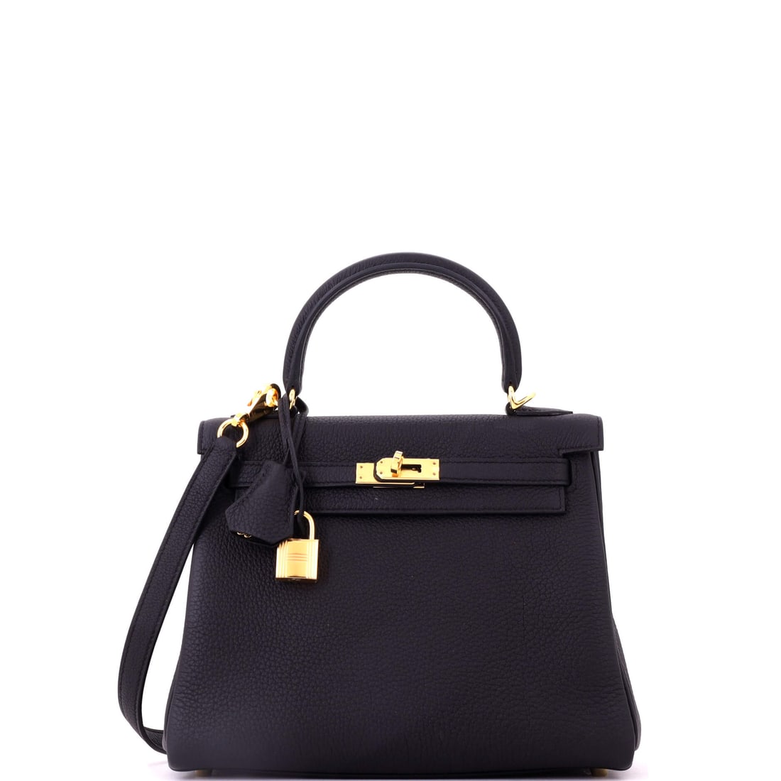 Hermes Kelly Handbag Black Togo with Gold Hardware: Black Togo Kelly with gold hardware, the version most buyers picture when they picture a Kelly. Togo softens with time in a way Epsom never does, giving the bag a hand that improves rather than