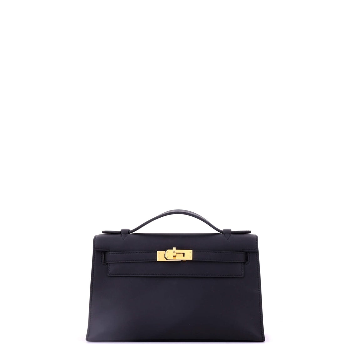 Hermes Kelly Pochette Swift: Swift Kelly Pochette, small, soft and built around a single turn-lock closure. The leather's matte finish gives the format more presence than its size suggests. Measures 8.5 in wide, 5.5 in high and