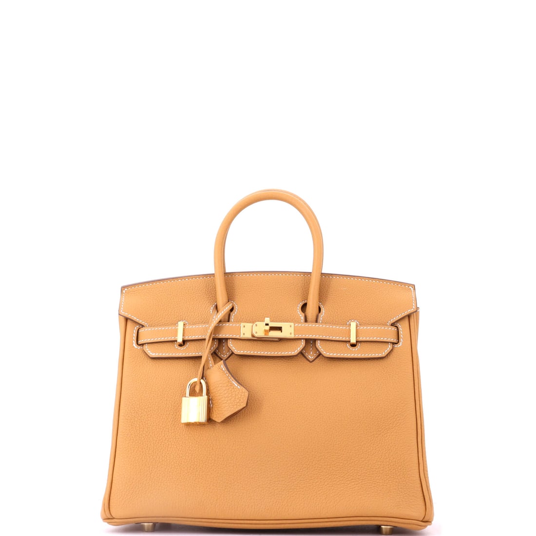 Hermes Birkin Handbag Brown Togo with Gold Hardware: A brown Togo Birkin with gold hardware in the tighter 9.5 in width, easier to wear than the full size and increasingly the format buyers ask for. Height of 8 in and depth of 5 in keep it compact