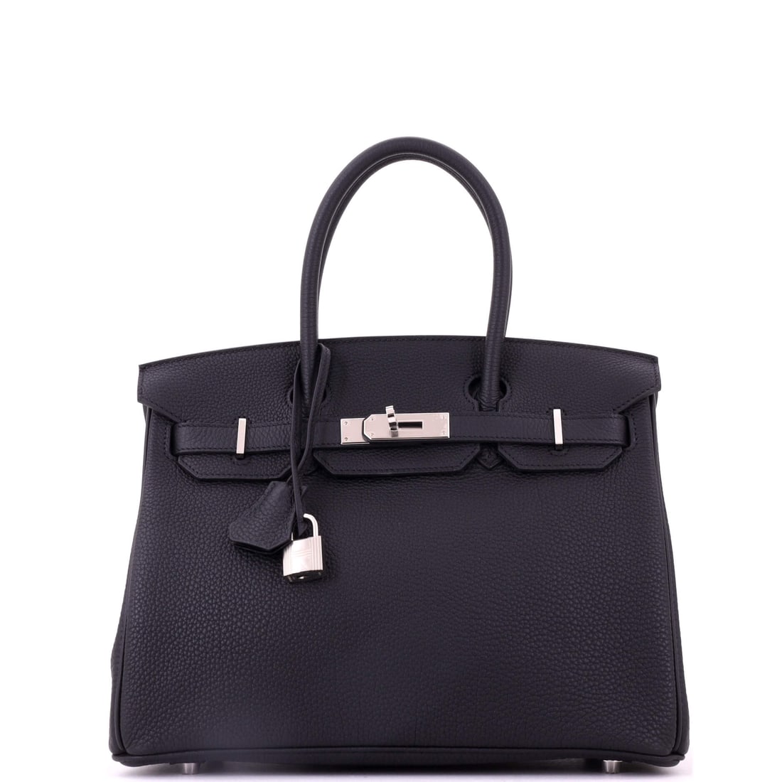 Hermes Birkin Handbag Black Togo with Palladium Hardware: Full-size black Togo Birkin with palladium hardware, 11.5 in wide, 9 in high and 6 in deep. This is the configuration that gets used rather than shelved, and Togo is the reason it survives that use. G