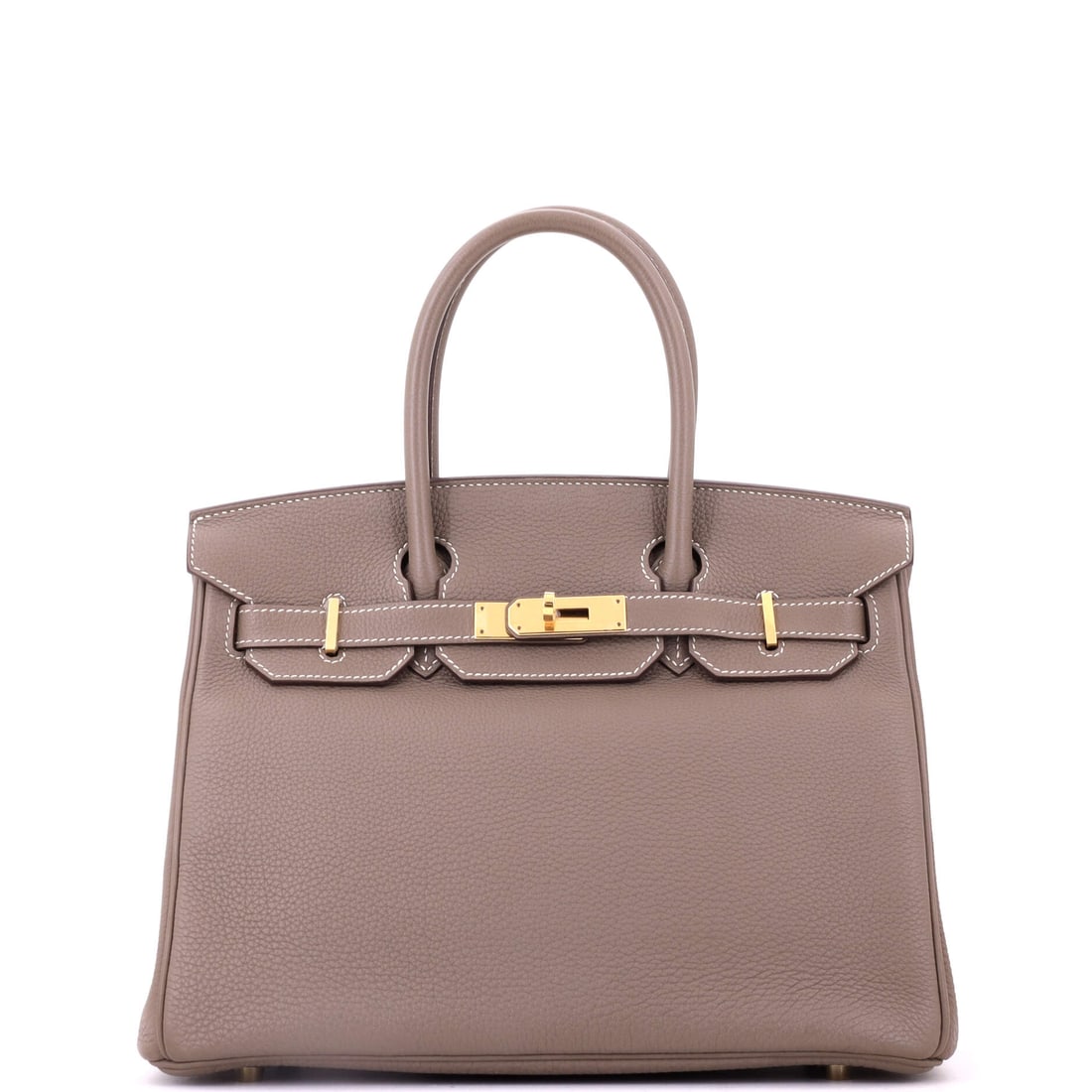 Hermes Birkin Handbag Grey Togo with Gold Hardware: Grey Togo Birkin with gold hardware in the full 11.5 in width, 9 in high and 6 in deep. Grey is the neutral that reads least like a status choice, which is part of why it has held demand. Shows as