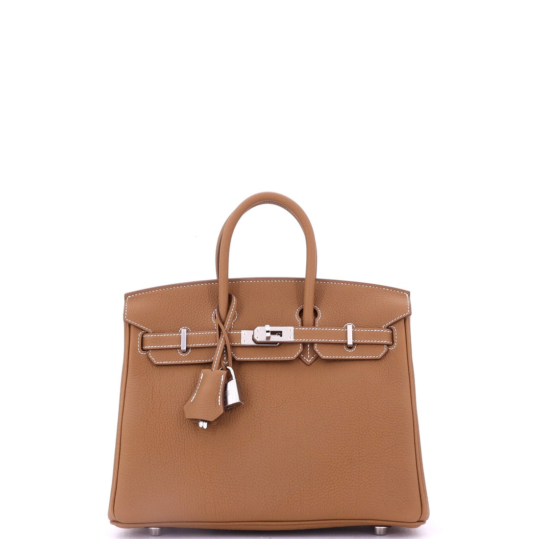 Hermes Birkin Handbag Brown Togo with Palladium Hardware: Brown Togo with palladium hardware, 9.5 in wide, 8 in high and 5 in deep, a Birkin scaled for use rather than display. The cool fittings against warm leather is the pairing that ages best photographic