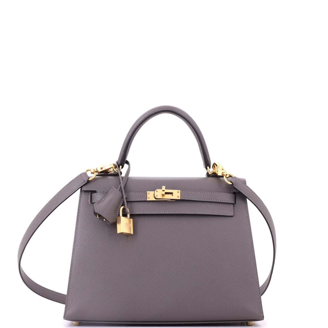 Hermes Kelly Handbag Grey Epsom with Gold Hardware: Gold against cool grey is a deliberately unfussy pairing, and it keeps this Kelly wearable year-round. Measures 9.5 in wide, 8 in high and 4 in deep. Grade A - Pristine. Maison de Beaubigonne authenti