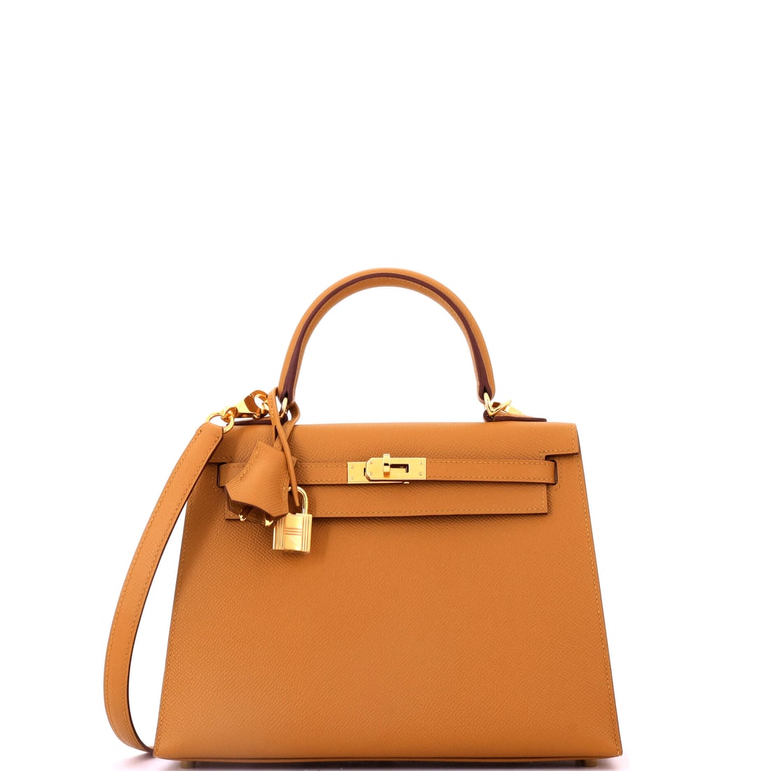 Hermes Kelly Handbag Brown Epsom with Gold Hardware: A brown Epsom Kelly with gold hardware, warm, structured and 9.5 in wide, 8 in high and 4 in deep. The pressed grain keeps the corners crisp and the flap flat, the two places this model is judged. Gra