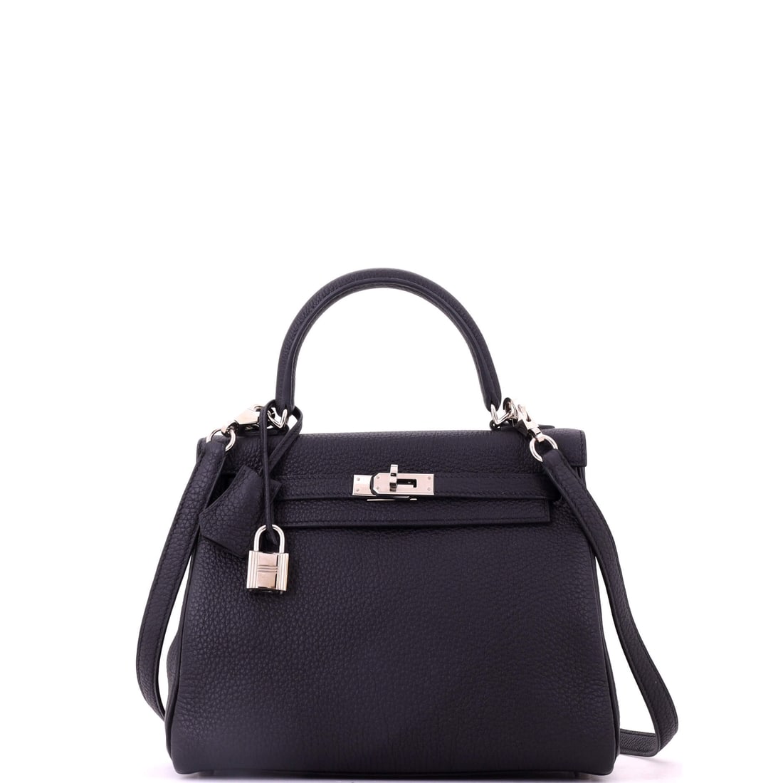 Hermes Kelly Handbag Black Togo with Palladium Hardware: Black Togo Kelly with palladium hardware, the most understated version Hermes builds and the one that disappears into a wardrobe rather than announcing itself. Measures 9 in wide, 8 in high and 4 in d