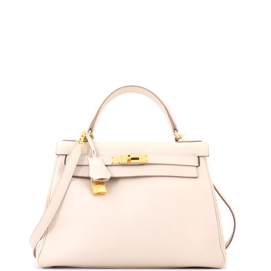 Hermes Kelly Handbag Light Togo with Gold Hardware: A light-toned Togo Kelly with gold hardware in the larger 11 in width, 8.5 in high and 4 in deep. Pale leather rewards close inspection, and this one carries visible history. Shows as Grade D - Good. 
