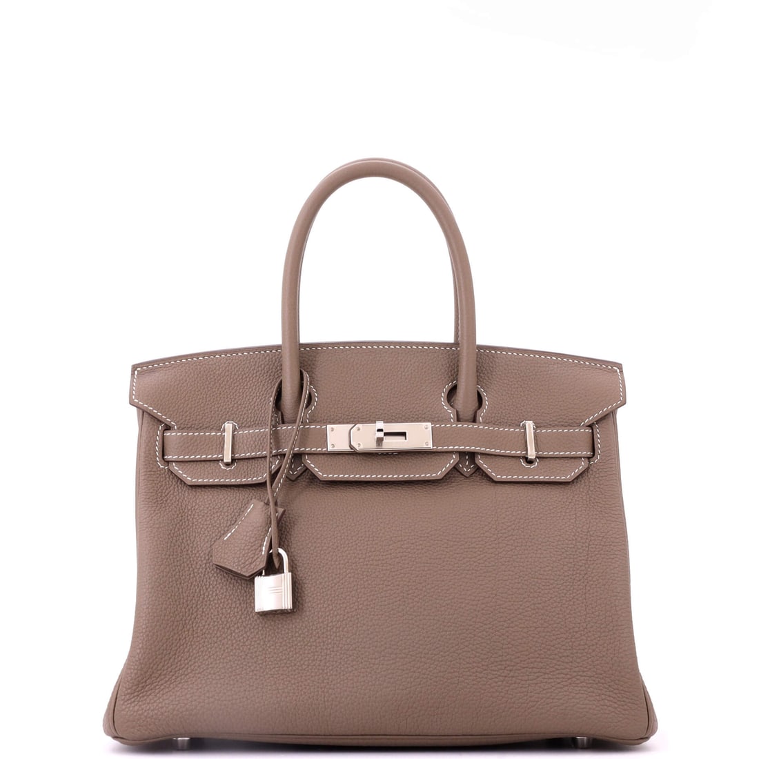 Hermes Birkin Handbag Grey Togo with Palladium Hardware: Grey Togo Birkin with palladium hardware at 12 in wide, 9 in high and 6 in deep, generous enough for a laptop and a day's worth of everything else. Cool grey and cool hardware make an entirely monochr