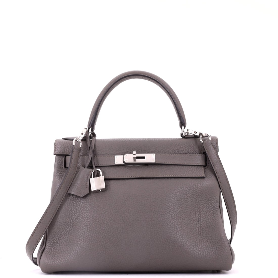 Hermes Kelly Handbag Grey Clemence with Palladium Hardware: Clemence is the heaviest and most relaxed of the Hermes grained leathers, and on a grey Kelly with palladium hardware it produces a softer, more casual line than Togo. Measures 11 in wide, 8.5 in high