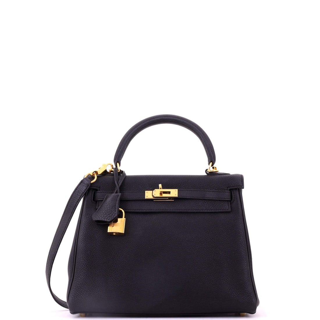 Hermes Kelly Handbag Black Togo with Gold Hardware: Black Togo Kelly with gold hardware, 9.5 in wide, 8 in high and 4 in deep. Togo gives this size a hand that improves with carry rather than degrading. The condition is Grade C - Very Good. Maison de B