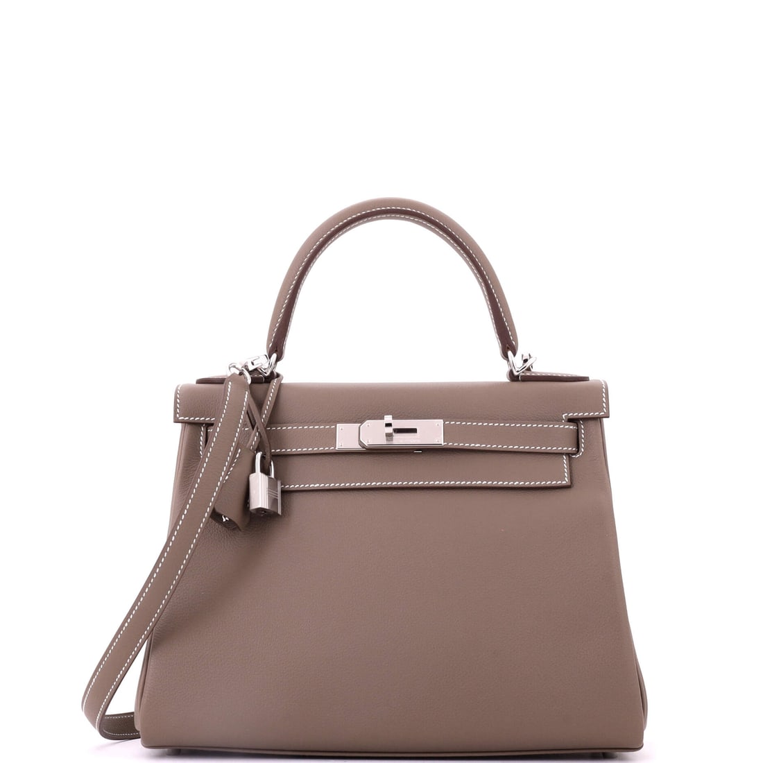 Hermes Kelly Handbag Grey Evercolor with Palladium Hardware: Evercolor gives a Kelly a smooth, faintly satin surface with more color saturation than Epsom allows, and in grey with palladium hardware the effect is unusually restrained. Measures 11.5 in wide, 8.5