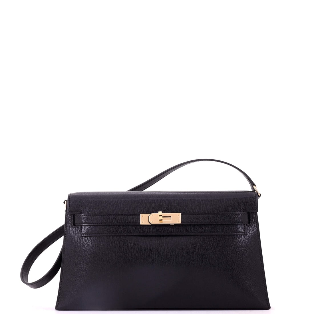 Hermes Kelly Elan Shoulder Bag Chevre Chamkila: Chevre Chamkila is a glossy goatskin with a fine grain and a distinct sheen, and on the discontinued Kelly Elan it makes the long, low silhouette read almost jewel-like. Measures 11 in wide, 6 in high