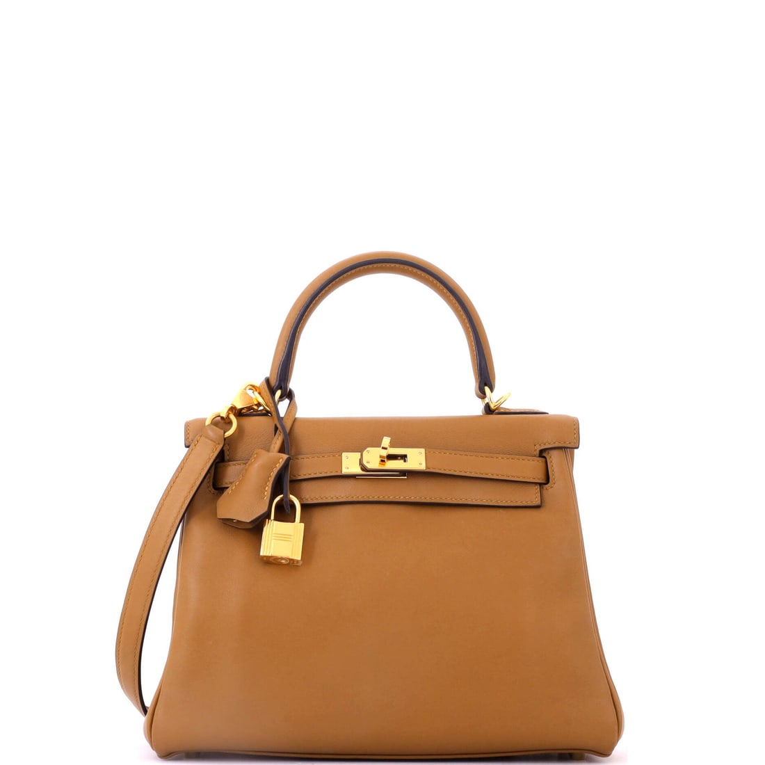 Hermes Kelly Handbag Brown Swift with Gold Hardware: Swift on a Kelly produces a softer edge and a deeper brown than the pressed leathers, with gold hardware picking up the warmth. Measures 9.5 in wide, 8 in high and 4 in deep. Assessed at Grade C - Ver