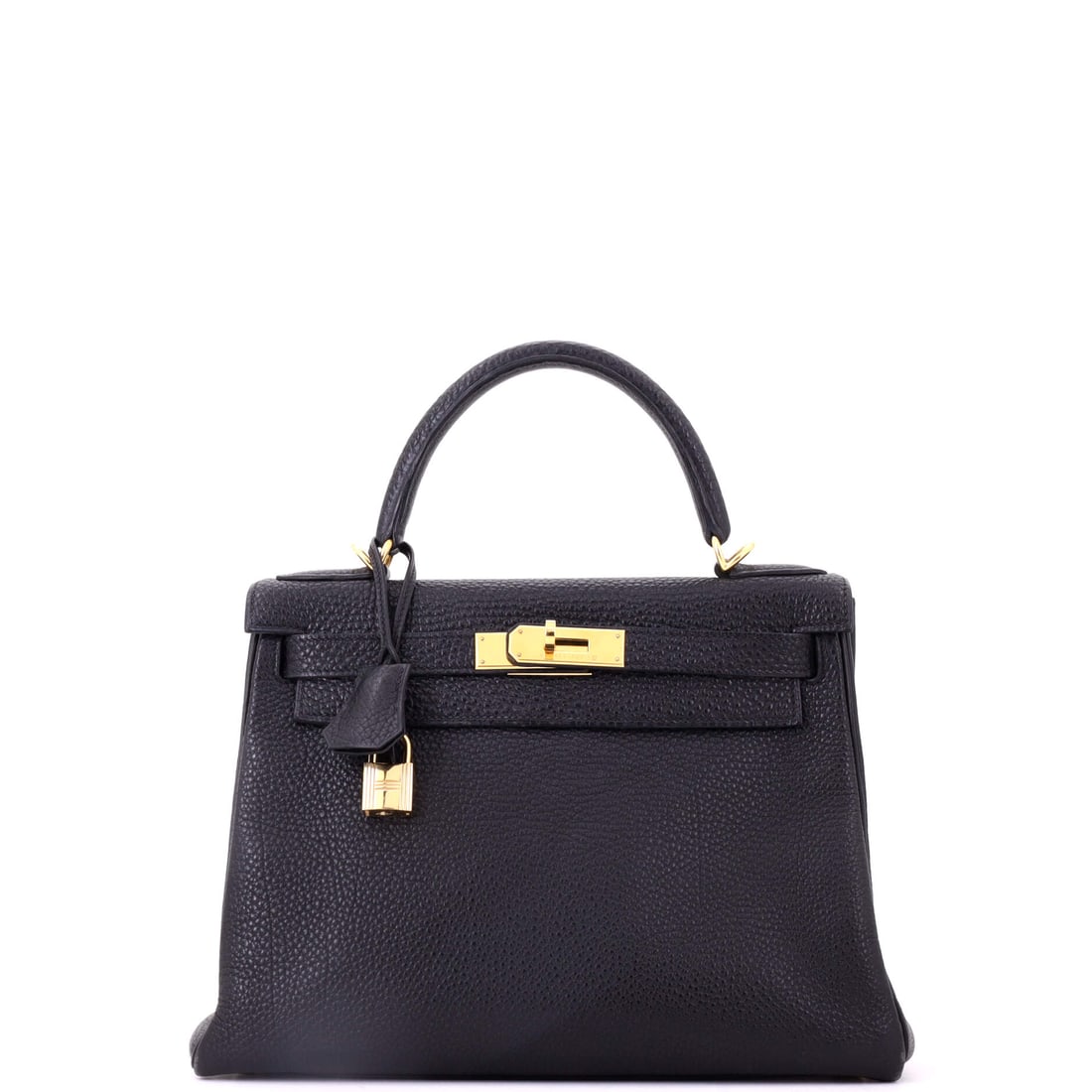 Hermes Kelly Handbag Black Togo with Gold Hardware: Sized for files rather than essentials at 11 in wide, 8.5 in high and 4 in deep, this black Togo Kelly carries gold fittings throughout. Togo takes that kind of daily load better than any smooth leath