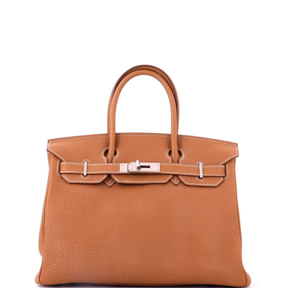Hermes Birkin Handbag Brown Togo with Palladium Hardware: Cool fittings on warm leather, in the Birkin size that still does the most work: 11.5 in wide, 9 in high and 6 in deep. Brown Togo is the specification bidders default to when they want one bag rather
