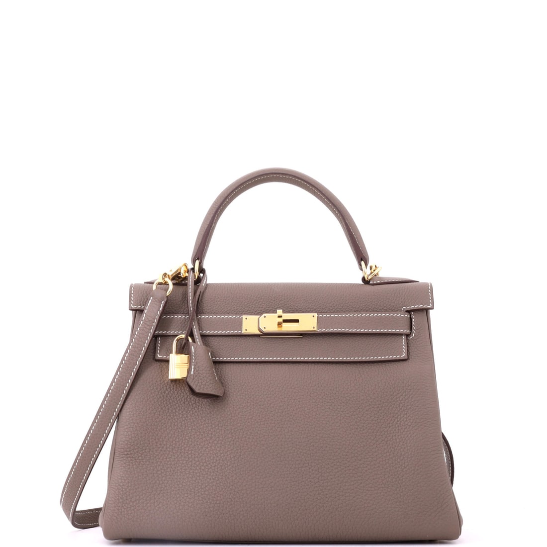 Hermes Kelly Handbag Grey Togo with Gold Hardware: Grey Togo Kelly with gold hardware in the 11 in width, 8.5 in high and 4 in deep. Grey has become the third neutral for Hermes buyers who already own black and brown. The condition is Grade C - Very G