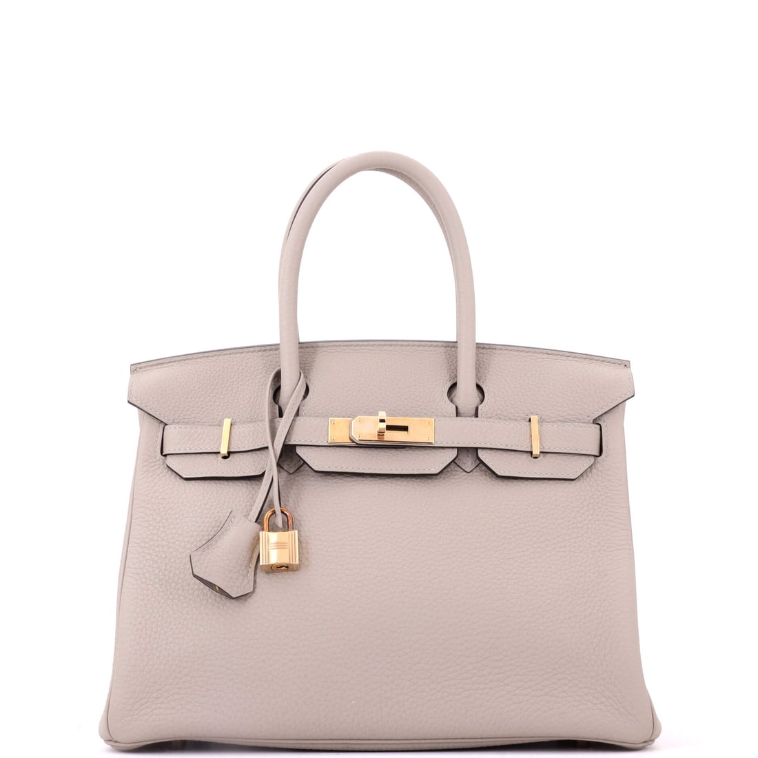 Hermes Birkin Handbag Grey Togo with Rose Gold Hardware: Rose gold hardware on grey Togo turns up rarely, warming a neutral that usually stays cold. The Birkin measures 11.5 in wide, 9 in high and 6 in deep, with the full working footprint. Grade C - Very G