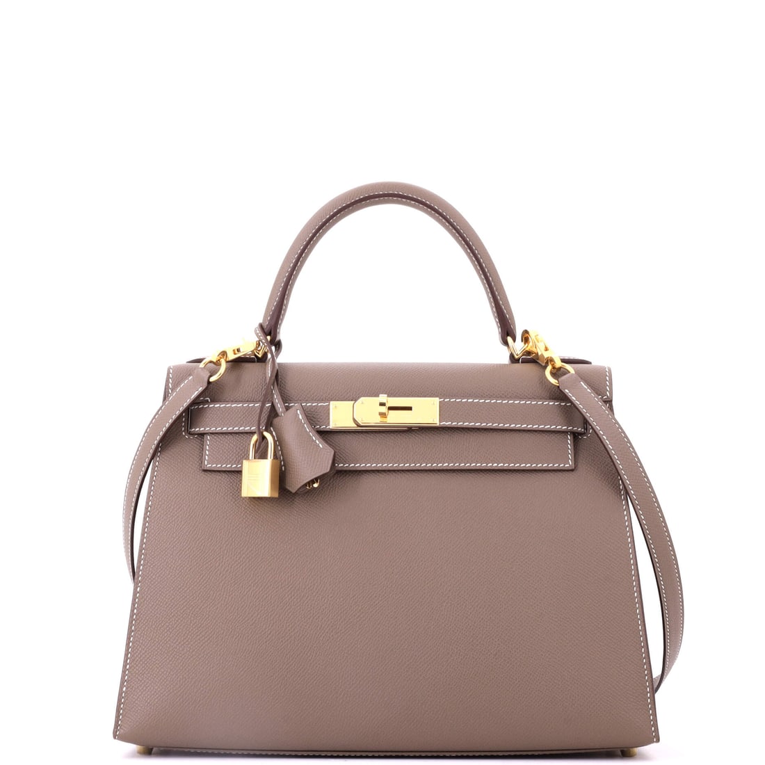 Hermes Kelly Handbag Grey Epsom with Gold Hardware: A grey Epsom Kelly with gold hardware, 11.5 in wide, 8.5 in high and 4 in deep. The larger width carries a folio without distorting the flap, which is the practical case for this size. Grade A - Prist