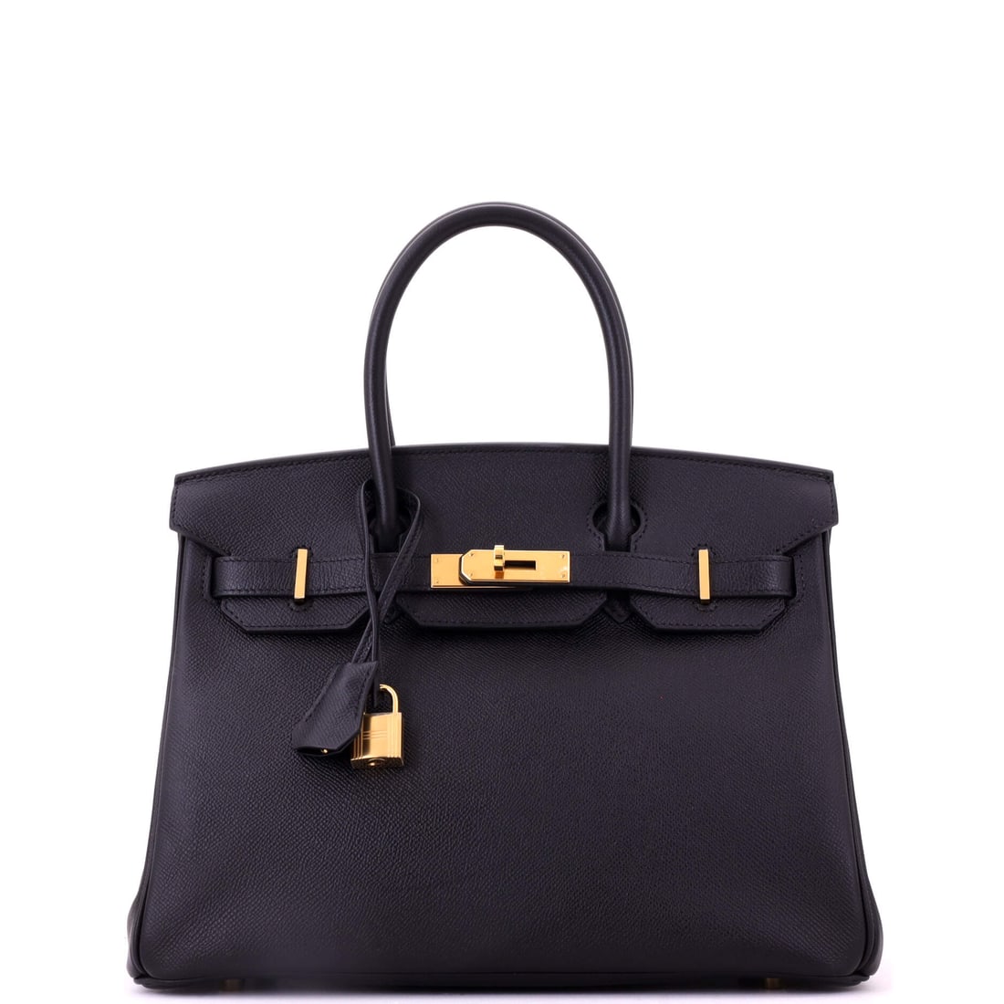 Hermes Birkin Handbag Black Epsom with Gold Hardware: Black Epsom Birkin with gold hardware, 12 in wide, 9 in high and 6 in deep. Epsom is the leather that keeps a full-size Birkin standing square rather than settling into itself. It comes in Grade C - V