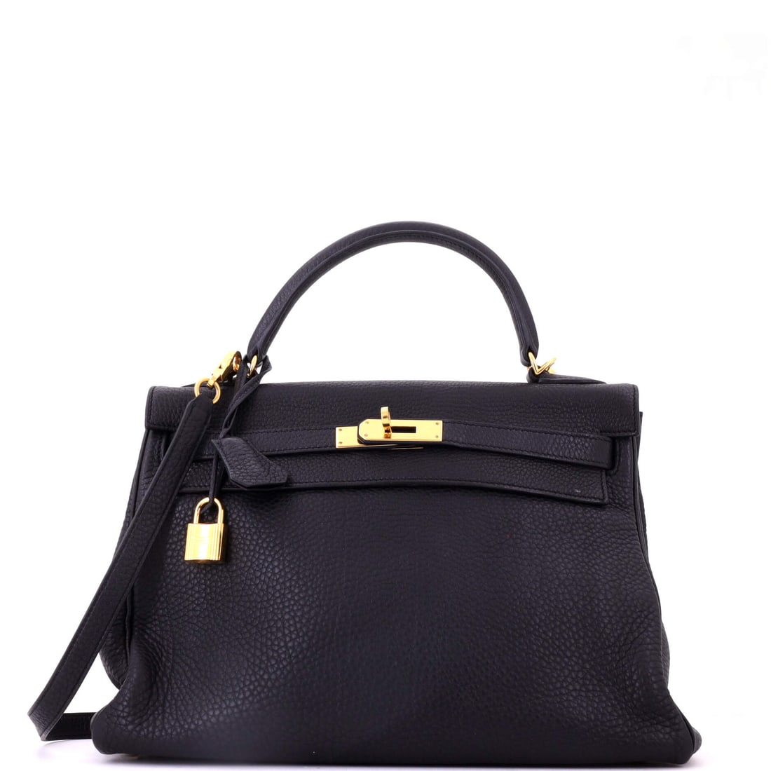 Hermes Kelly Handbag Black Togo with Gold Hardware: A wide black Togo Kelly at 12.5 in across, 9 in high and 4 in deep, with gold hardware. Sizes this generous have become scarcer as Hermes production has drifted smaller. Shows as Grade D - Good. Maiso