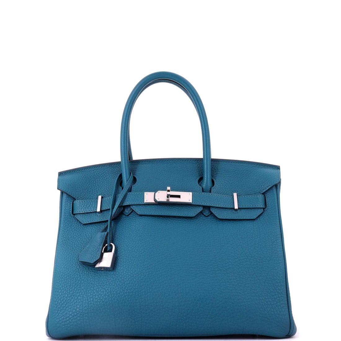 Hermes Birkin Handbag Blue Togo with Palladium Hardware: Blue Togo with palladium hardware on a Birkin at 11.5 in wide, 9 in high and 6 in deep. The grain softens the saturation just enough to keep the color wearable every day rather than saving it for occa