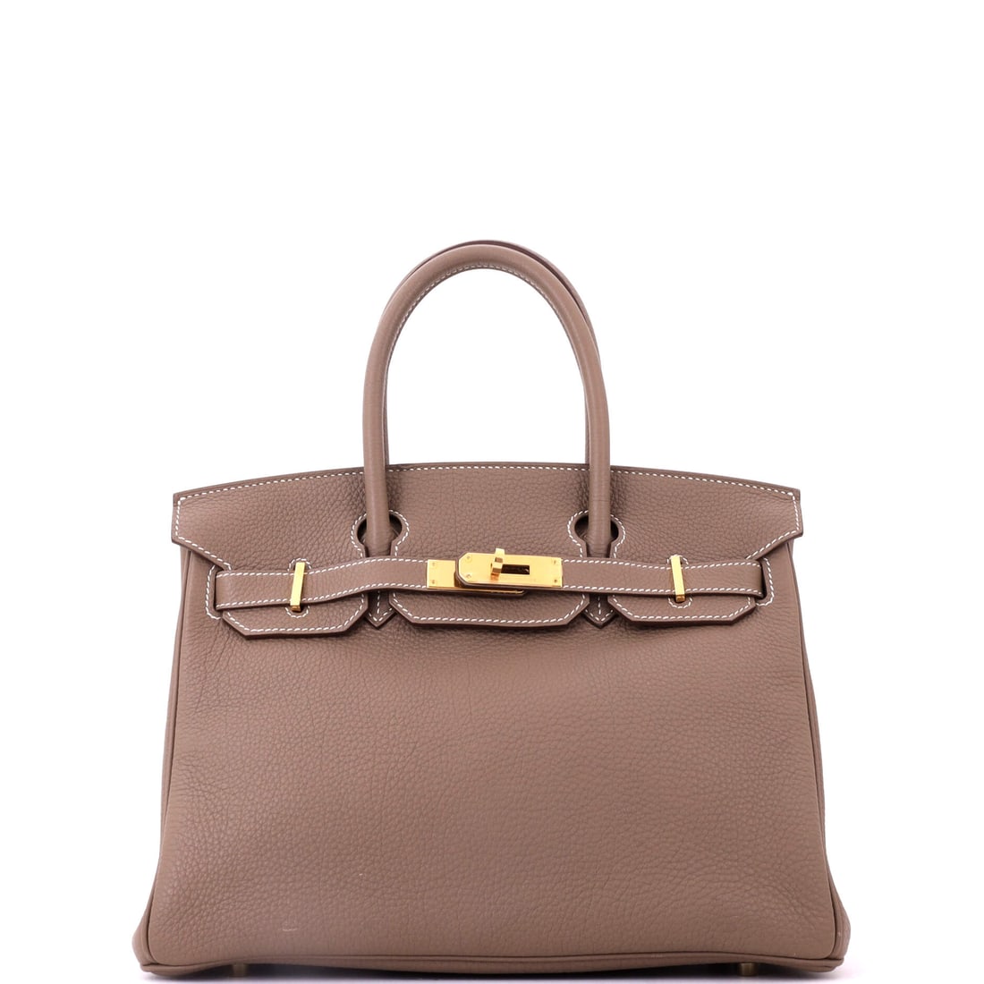 Hermes Birkin Handbag Grey Togo with Gold Hardware: Gold fittings lift cool grey Togo in a way palladium never does, and at 11.5 in wide, 9 in high and 6 in deep this Birkin has the full working footprint. Grey has become the third neutral for buyers w