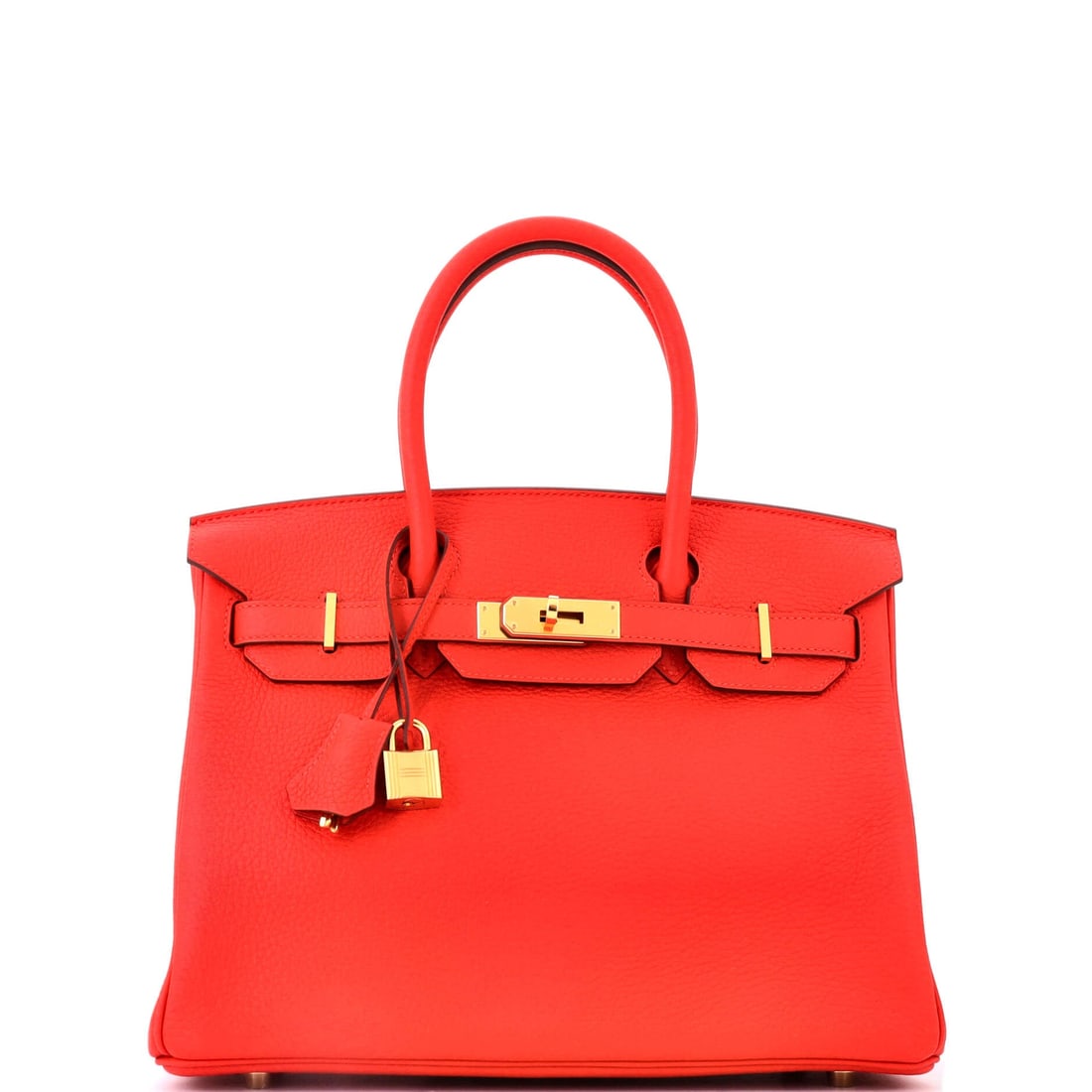Hermes Birkin Handbag Red Clemence with Gold Hardware: Red Clemence with gold hardware, 11.5 in wide, 9 in high and 6 in deep. Clemence carries red with a depth Epsom flattens, and its softer body suits a Birkin at full size. Grade A - Pristine. Maison de