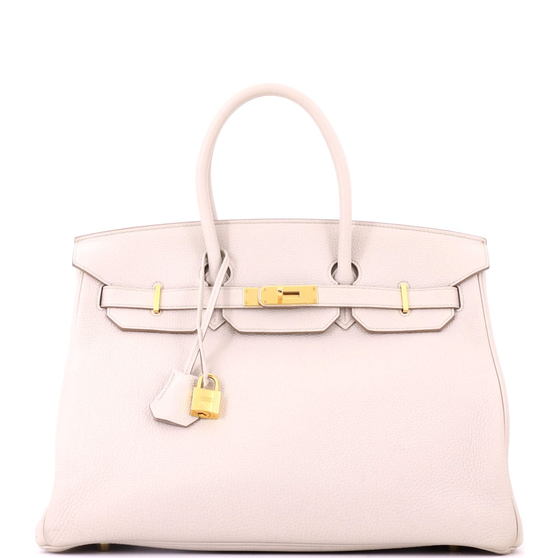 Hermes Birkin Handbag Light Togo with Gold Hardware: Light Togo with gold hardware in a travel-scaled Birkin, 13.5 in wide, 10 in high and 7 in deep. Pale leather at this size shows its history plainly, which is worth weighing against the reserve. Shows
