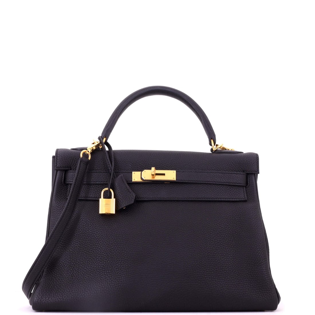 Hermes Kelly Handbag Black Togo with Gold Hardware: A generously cut black Togo Kelly, 12.5 in wide, 9 in high and 4 in deep, with gold hardware. The condition is Grade C - Very Good. Togo's grain means handling reads as patina rather than damage. Mais