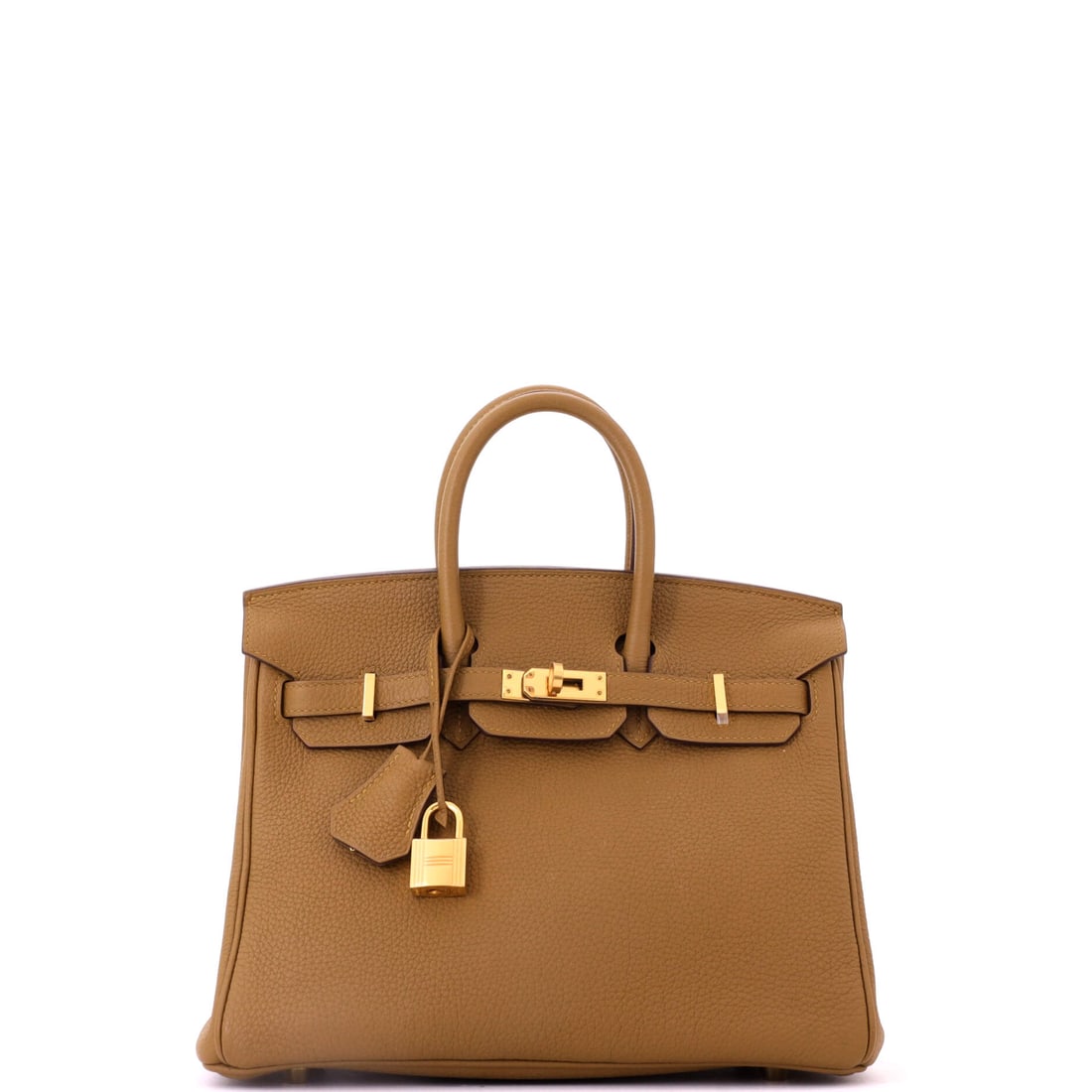 Hermes Birkin Handbag Brown Togo with Gold Hardware: A brown Togo Birkin with gold hardware in the compact 9.5 in width, 8 in high and 5 in deep. Small Birkins have outpaced the full sizes on the secondary market, and warm neutrals lead that group. Offe