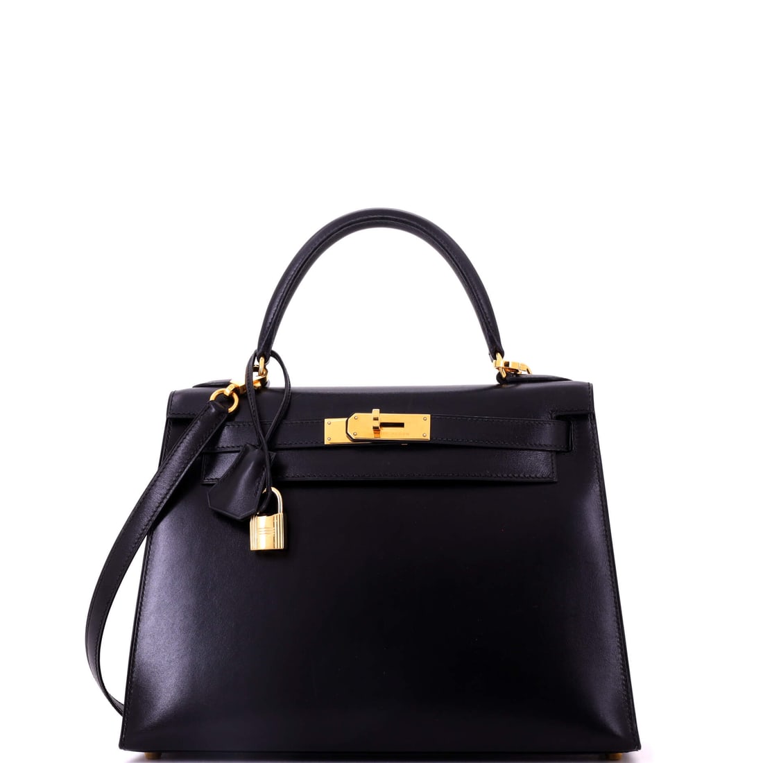 Hermes Kelly Handbag Black Box Calf with Gold Hardware: Box Calf on a black Kelly, 11.5 in wide, 8.5 in high and 4 in deep, with gold hardware. This is the leather that built the model's reputation, and the one that records every year of its life. Shows as