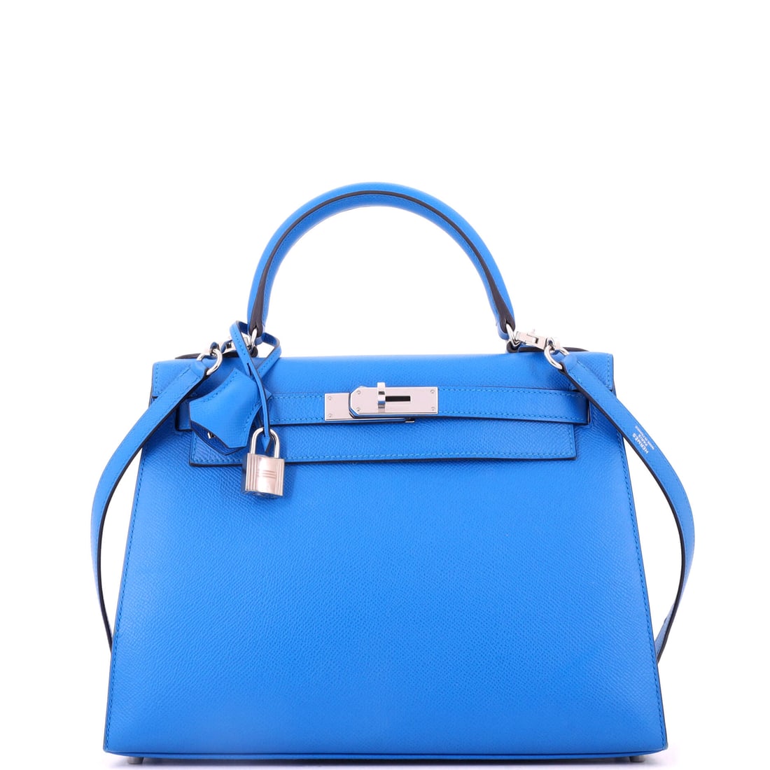 Hermes Kelly Handbag Blue Epsom with Palladium Hardware: Blue Epsom with palladium hardware on a Kelly at 11.5 in wide, 8.5 in high and 4 in deep. Epsom holds blue even across every panel, which is why Hermes leans on it for saturated color. Grade C - Very 