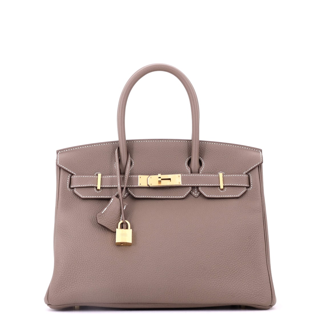 Hermes Birkin Handbag Grey Togo with Gold Hardware: A neutral that reads considered rather than obvious: grey Togo with gold hardware on a Birkin at 12 in wide, 9 in high and 6 in deep. The size still handles a working day without tipping into luggage.