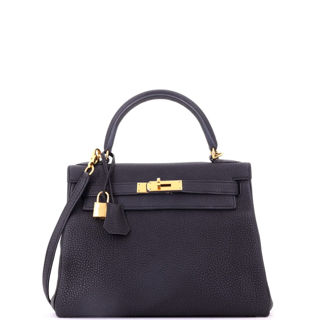 Hermes Kelly Handbag Black Togo with Gold Hardware: Grained black Kelly with warm hardware, 11 in wide, 8.5 in high and 4 in deep. Grade C - Very Good, which on a bag this classic usually means the wear is even rather than isolated. Togo is the leather
