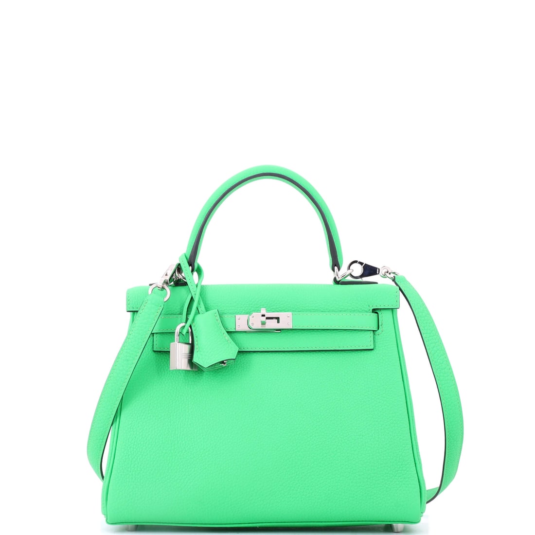 Hermes Kelly Handbag Green Togo with Palladium Hardware: Green Togo Kelly with palladium hardware in the compact 9 in width, 8 in high and 4 in deep. Color in a small Kelly is where Hermes collectors have concentrated their attention lately. Grade A - Prist