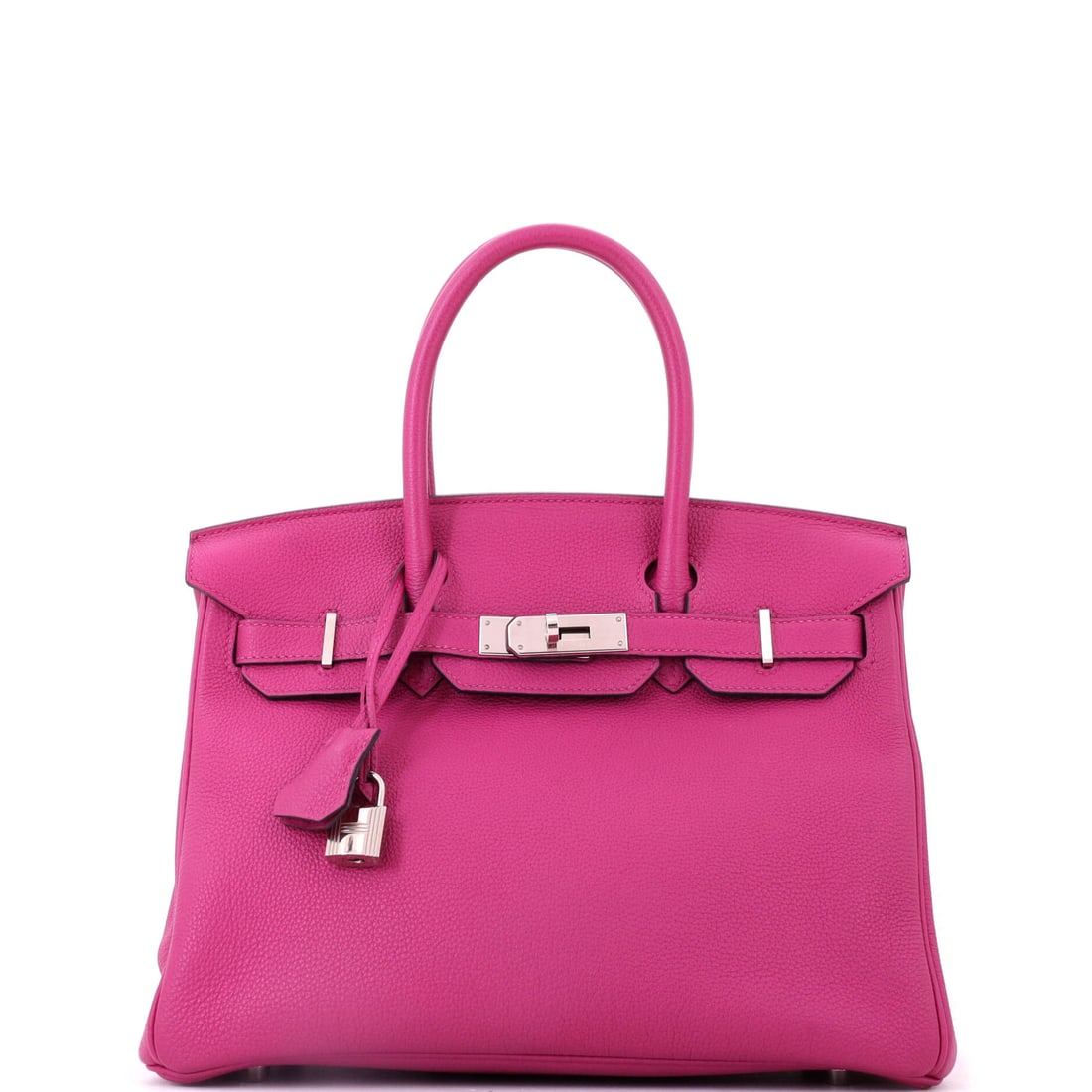 Hermes Birkin Handbag Pink Togo with Palladium Hardware: Pink Togo with palladium hardware, full size at 11.5 in wide, 9 in high and 6 in deep. Grained leather keeps the color grounded and the cool hardware keeps the Birkin from softening further. Shows as 