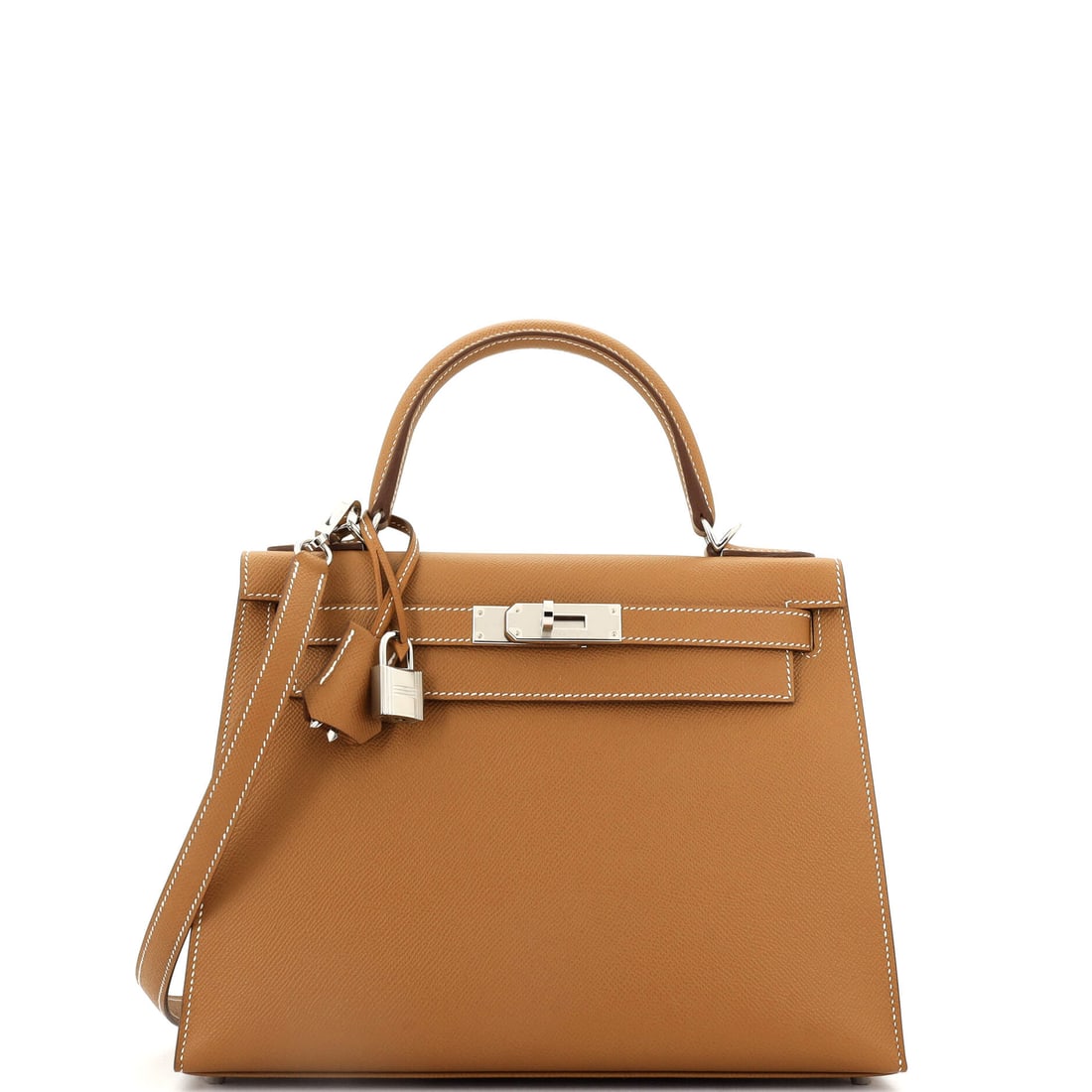 Hermes Kelly Handbag Brown Epsom with Palladium Hardware: Pressed grain is what keeps a Kelly's stitching crisp at this width, 11.5 in across with 8.5 in height and 4 in depth. Brown Epsom, palladium hardware. Grade A - Pristine. Maison de Beaubigonne authen