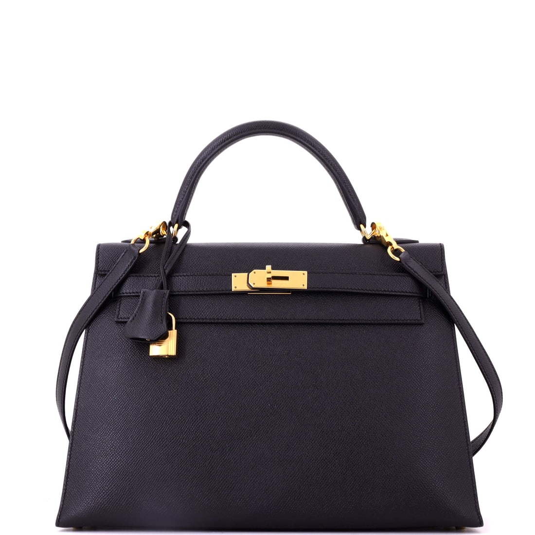 Hermes Kelly Handbag Black Epsom with Gold Hardware: The extra depth on this one makes it one of the few Kellys that genuinely holds a day's contents, at 12.5 in wide, 9 in high and 4.5 in deep. Black Epsom with gold hardware. Grade C - Very Good. Maiso