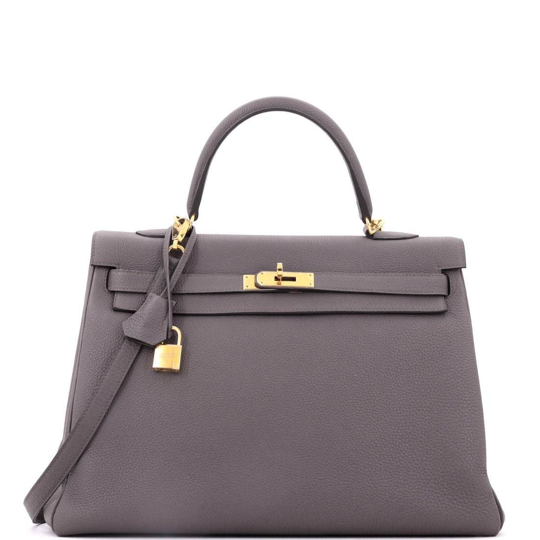 Hermes Kelly Handbag Grey Togo with Gold Hardware: Grey Togo, gold hardware, and an unusually large 13.5 in width with 10 in height and 5 in depth. Hermes has produced fewer Kellys at this scale over time, which gives the format its own following. Sho