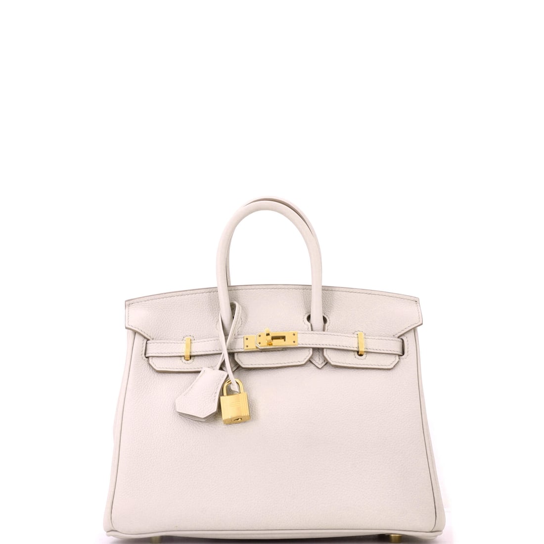 Hermes Birkin Handbag Light Togo with Gold Hardware: A light Togo Birkin with gold hardware at 10 in wide, 8 in high and 5 in deep. Pale leather in a smaller format keeps the whole thing feeling deliberate rather than showy. Offered in Grade B - Excelle