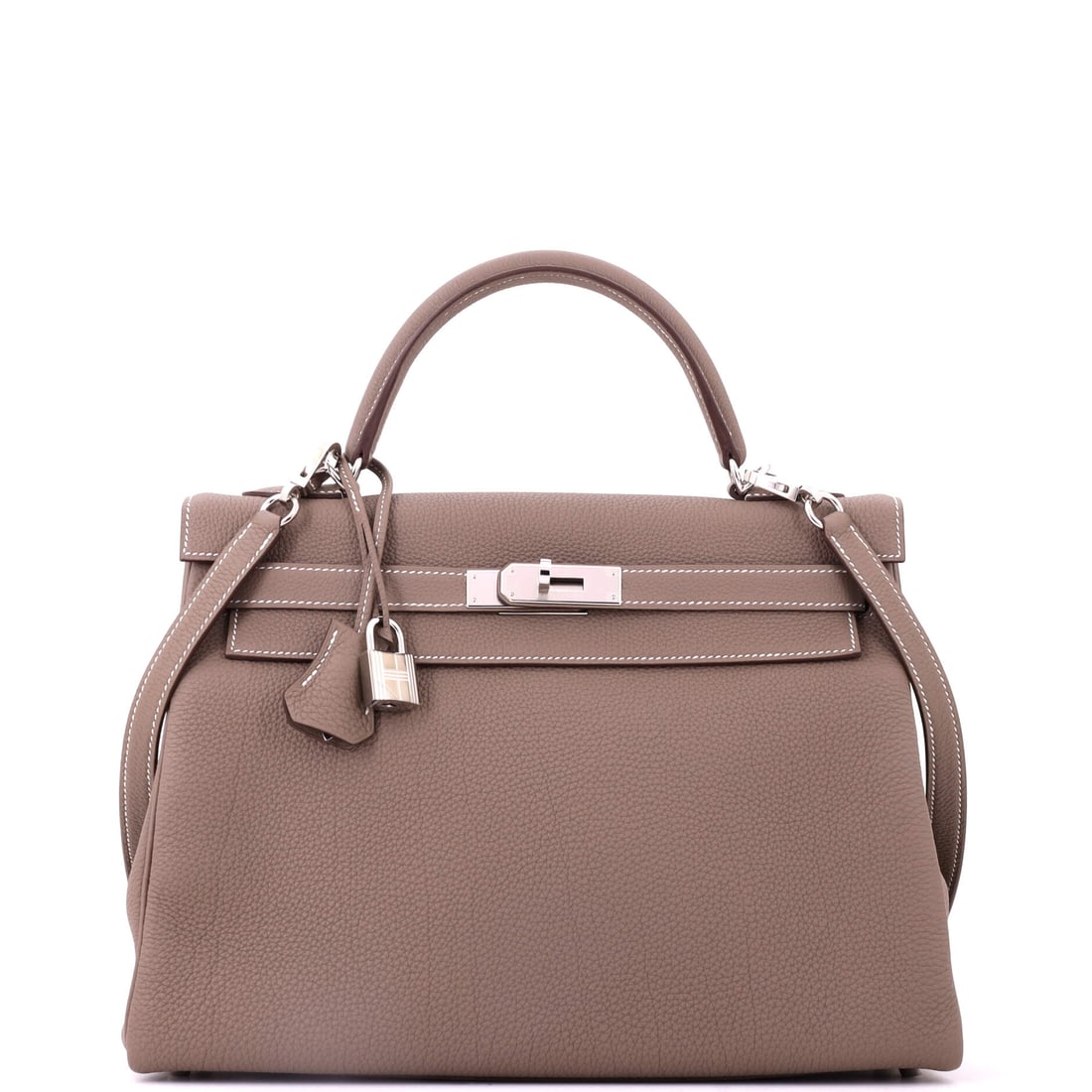 Hermes Kelly Handbag Grey Togo with Palladium Hardware: Grey Togo Kelly with palladium hardware at 12 in wide, 9 in high and 4.5 in deep. Cool throughout, with the depth to work as a genuine daytime bag rather than a formal one. Grade A - Pristine. Maison 