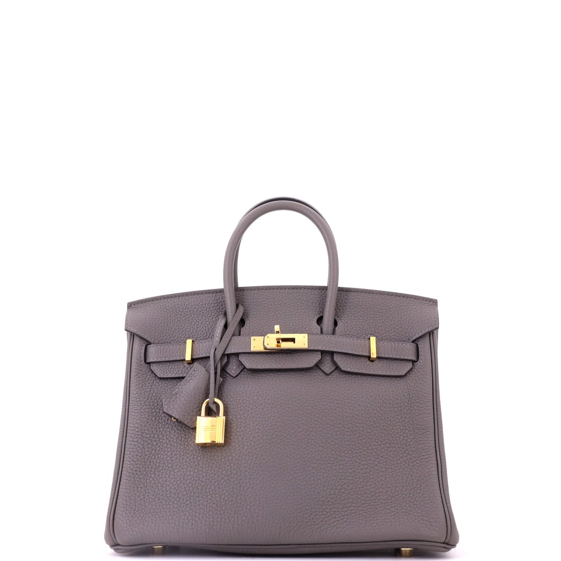 Hermes Birkin Handbag Grey Togo with Gold Hardware: Grey Togo Birkin, gold hardware, 9.5 in wide, 8 in high and 5 in deep. The smaller format has become the harder one to source, and grey is the neutral buyers reach for after black. Offered in Grade B 