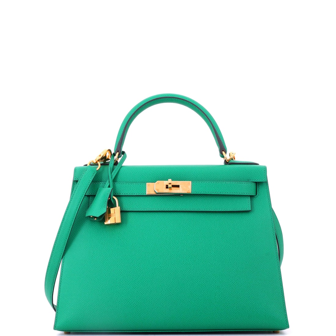 Hermes Kelly Handbag Green Epsom with Gold Hardware: Green Epsom with gold hardware on a Kelly at 11.5 in wide, 8.5 in high and 4 in deep. Warm fittings pull the green toward olive rather than emerald, which is the more wearable direction. Grade A - Pri