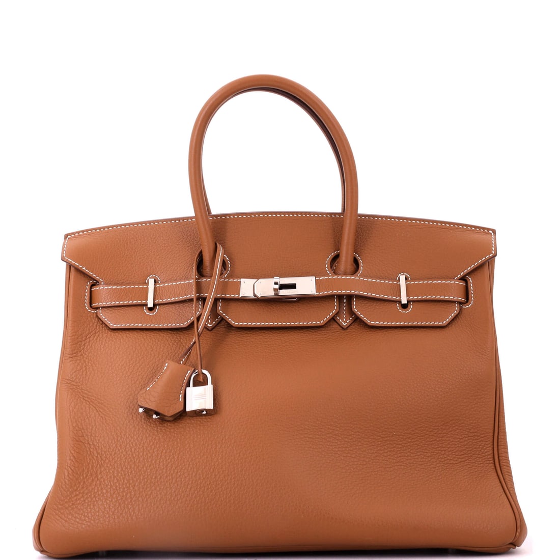 Hermes Birkin Handbag Brown Togo with Palladium Hardware: A travel-scale Birkin at 13.5 in wide, 10 in high and 7 in deep, in brown Togo with palladium hardware. Cool fittings keep a warm leather from reading traditional. Shows as Grade D - Good. Maison de B