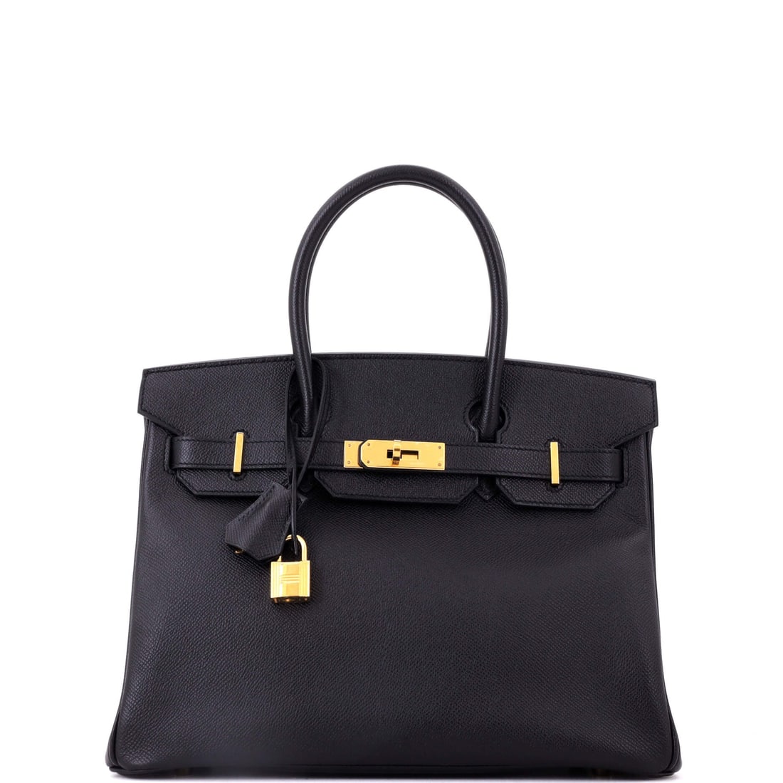 Hermes Birkin Handbag Black Epsom with Gold Hardware: Black Epsom with gold hardware in the full 11.5 in width, 9 in high and 6 in deep. Epsom's structure is what lets a Birkin this size sit square on a surface without support. Offered in Grade B - Excel
