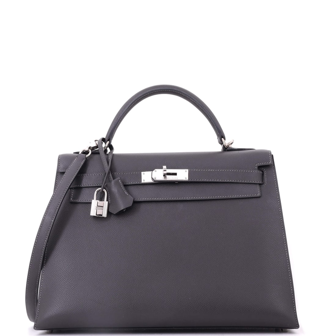 Hermes Kelly Handbag Grey Epsom with Palladium Hardware: Structured, wide and cool-fitted throughout: a grey Epsom Kelly at 12.5 in across with 9 in height and 4.5 in depth. The extra depth makes it one of the few in the model line that genuinely holds a da