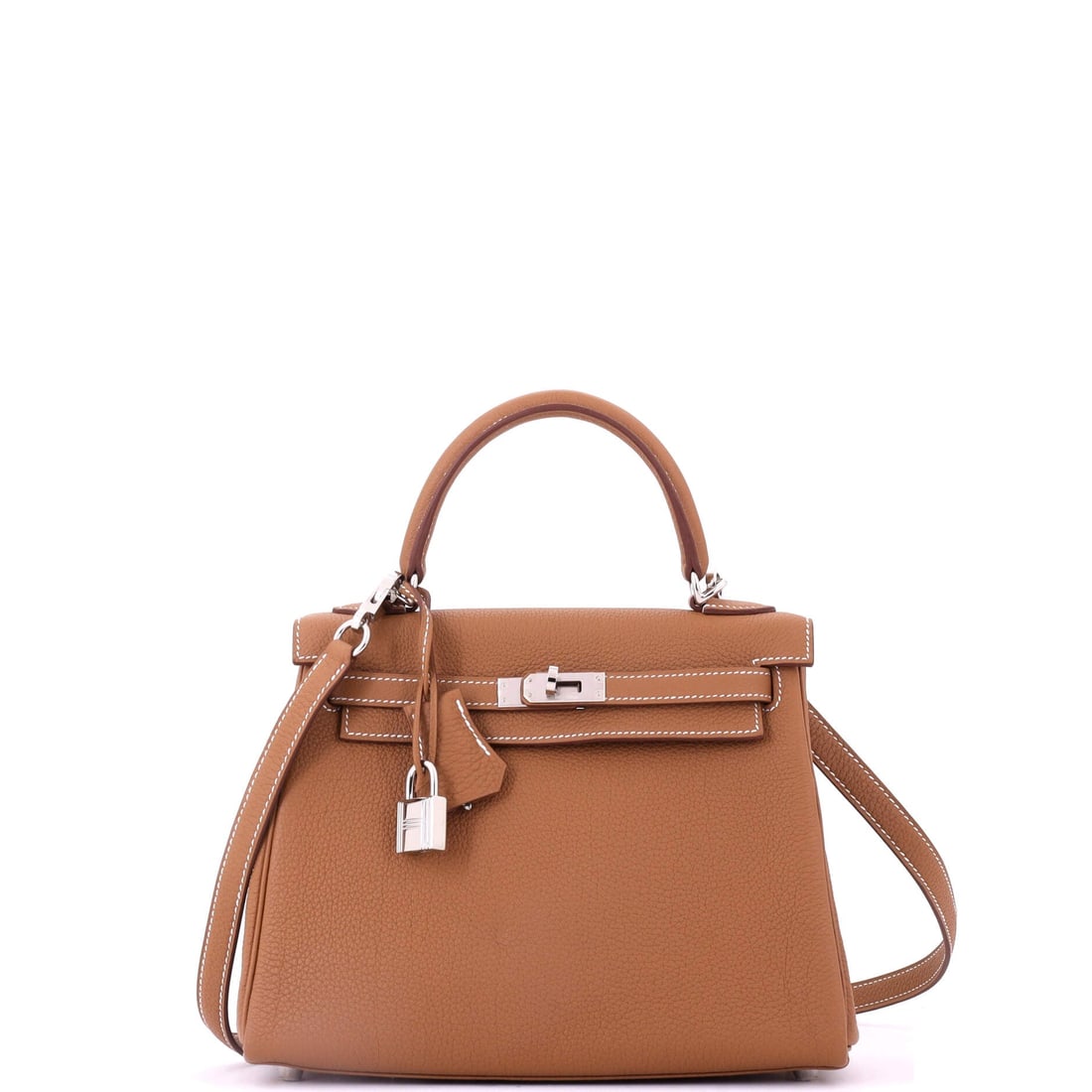 Hermes Kelly Handbag Brown Togo with Palladium Hardware: The compact 9 in width, 8 in high and 4 in deep, is what makes this brown Togo Kelly wearable rather than ceremonial. Palladium hardware keeps a warm leather from feeling traditional. Grade B - Excell