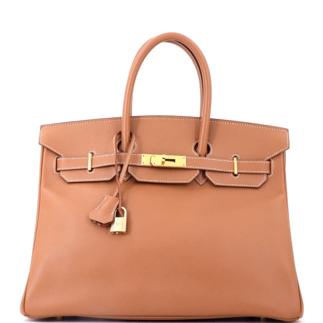 Hermes Birkin Handbag Brown Courchevel with Gold Hardware: Courchevel is a discontinued pressed calfskin, the predecessor to Epsom, and a Birkin in it belongs to an earlier chapter of Hermes production. Brown with gold hardware at 14 in wide, 10 in high and 7