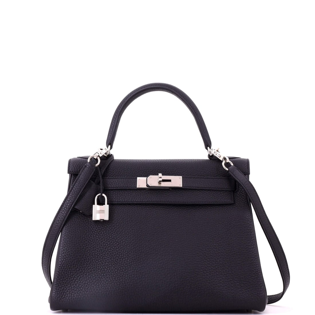 Hermes Kelly Handbag Black Togo with Palladium Hardware: The Kelly configuration that draws the least attention to itself: black Togo with palladium hardware, 11 in wide, 8.5 in high and 4 in deep. Grade C - Very Good, with the grain absorbing handling the 
